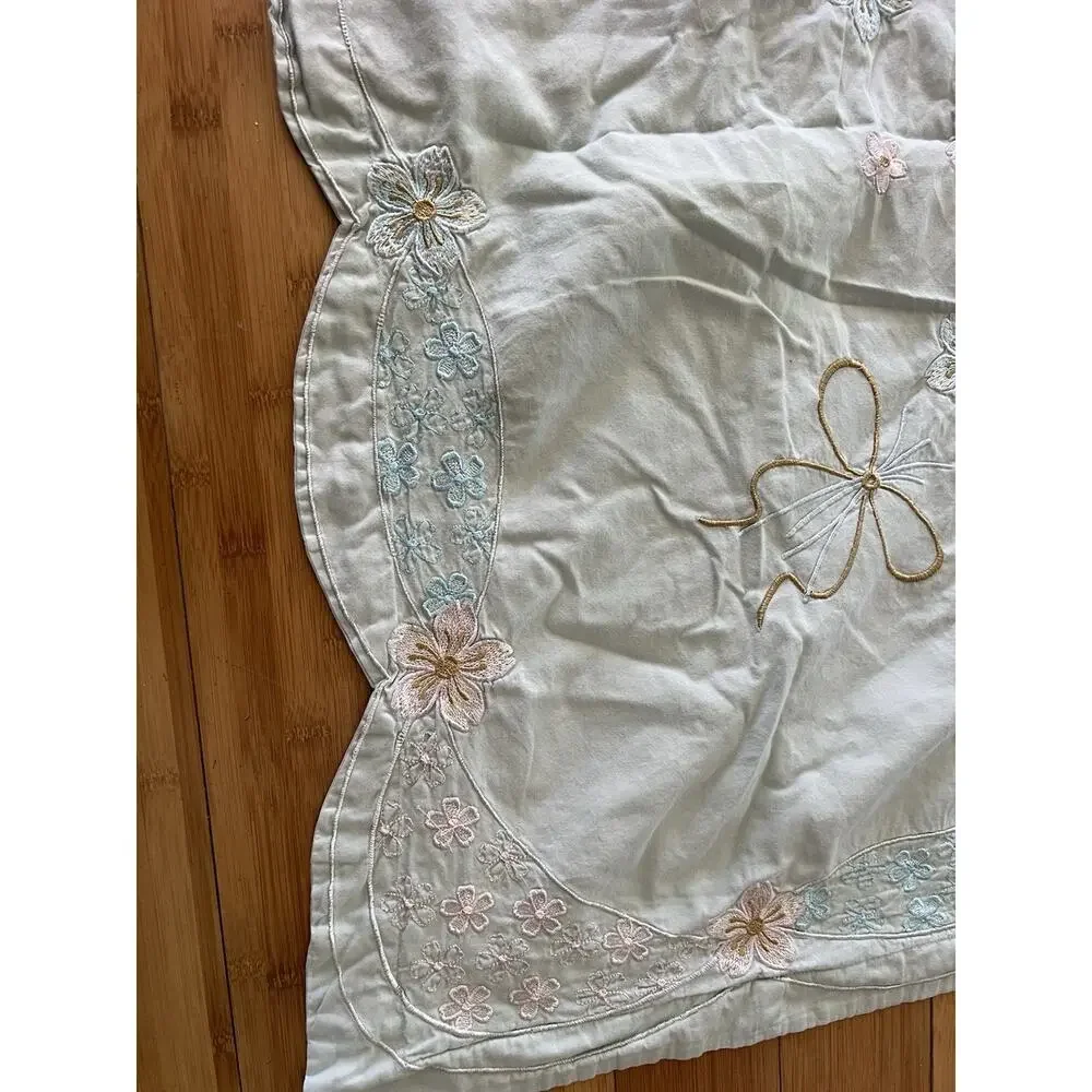 Vintage Floral Embroidered Flowers Butterfly Cotton Full Duvet Cover Scallop Edg